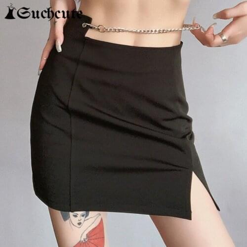 SUCHCUTE Gothic Sexy Mini Skirts Women Korean Fashion Casual Y2K Chain Black Skirts Hight Waist Harajuku Vintage Streetwear 2021
