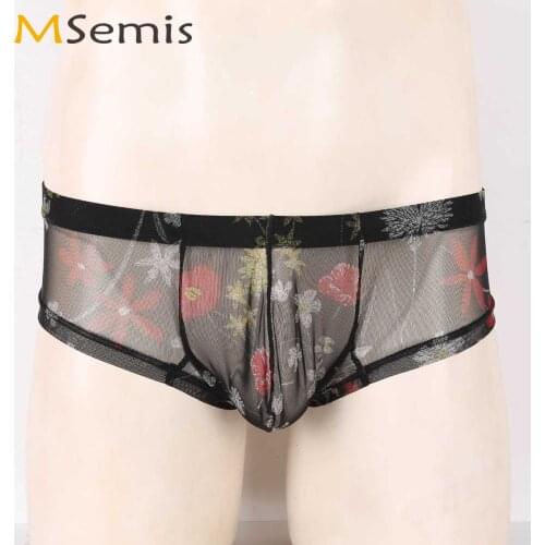 Mens Sissy Bohemian Flower Printed Panties Sexy See Through Mesh Gay Briefs Underwear Low Rise Sheer Mini Pouch Underpants Homme