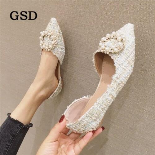Newest 2020 Summer Women Flats Corduroy Shallow Pointed toe Pearl Single Shoes Woman Casual shoes Classic Ladies Shoes
