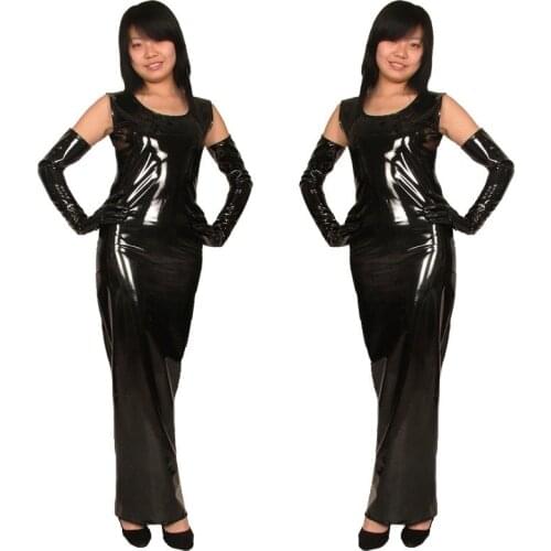 Novelty Black Faux Leather Dress Slim Bodycon Strench Clubwear Ankle Length Dress O-Neck Sleeveless Fashion Party Long Dress