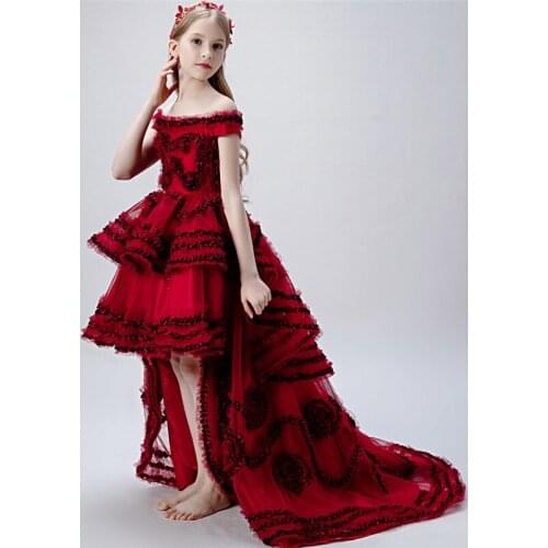 Off Shoulder Wine-red Girls Evening Party Ceremony Long Train Flower Girls Dress Children Girls First Communication Dress Custom
