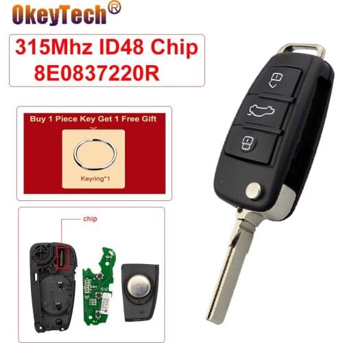 OkeyTech For Audi A4 2004 2005 2006 2007 315Mhz ID48Chip 3 Buttons Folding Remote Key 8E0837220R Replacement Key Uncut Blade