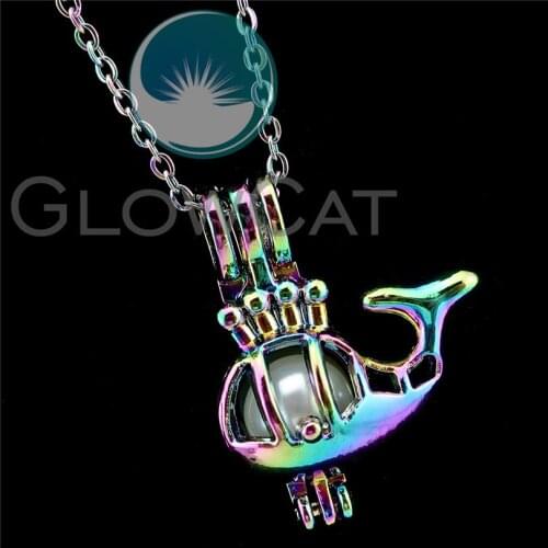 R-C915 Rainbow Whale Fish Beads Cage Pendant Essential Oil Diffuser Aroma Pearl Cage Locket Necklace