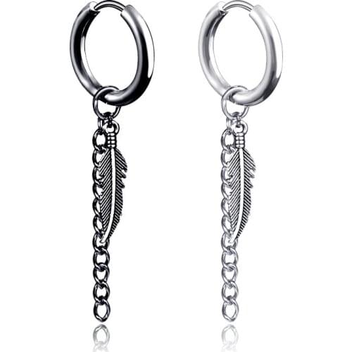 2021 Punk Clip Earrings for Women Korean Jewelry Stainless Steel Earrings for Men Leaf Feather Pendant Dangle Chain Earrings