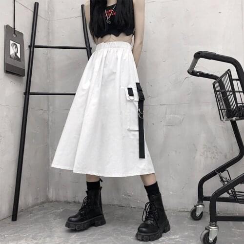 Vintage Long Skirts Womens Summer High Waist Pockets Pleated Cargo Skirts Plus Size Ladies White Black Skirt jupe femme