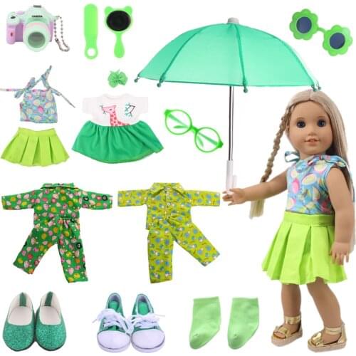 Green Series Of Doll Clothes Accessories Dress Shoes Luggage Storage For 18 Inch American Doll Girls & 43 Cm New Born Baby Items