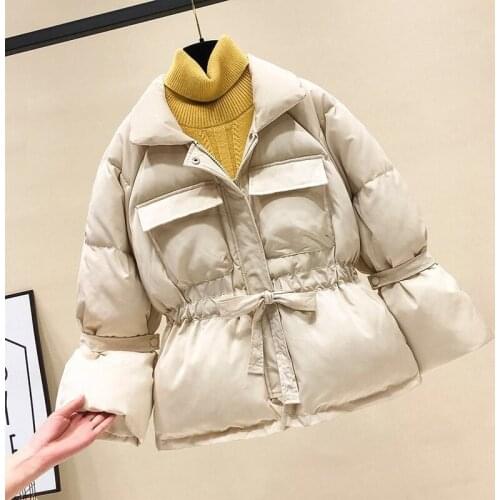 Korean Fall Winter Womens Female Stand Collar High Waisted Beige Black Wine Red Thick Parka Coat , Warm Parkas Coats for Women