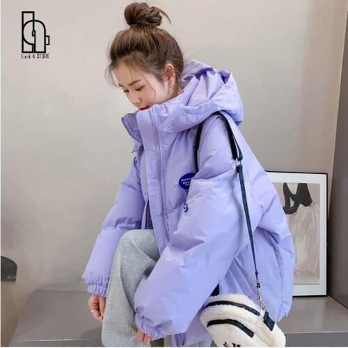 Women Candy Colors Winter Hooded Puffer Jacket Female Loose Long Sleeve Coat Harajuku Warm Parkas Purple White Pink