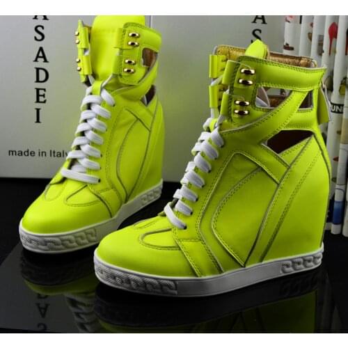 Chic Women Wedge High Hidden Heel Nightclub Sneakers Lace Up Ankle Boots Shoes Round Toe Genuine Leather 14Colors