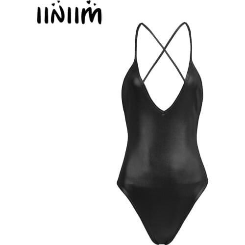 Womens Adult Teddies Costume Skinny Latex Leather Spaghetti Straps One Piece Monokini Bodycon Dance Leotard Bodysuits Clubwear