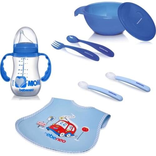 BEBENEO Food baby bowl & 2 piece silicone spoons & PP fork and spoon & PP Non-spill training cup & waterproof bib, baby care set