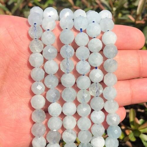8mm Natural Faceted Aquamarina Stone Beads Round Loose Beads for Jewellery Making Diy Bracelet Necklace 7.5'' strand