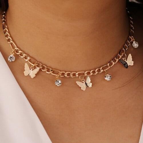Choker Butterfly Rhinestone Necklace For Women Fashion Dainty Gold Color Clavicle Chain Metal Pendant Summer Jewelry Gift Female