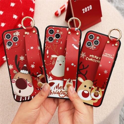 For iPhone 12 Phone Holder Case Christmas Cartoon Elk Deer For iPhone 11 12 Pro Max X XS XR 6 7 8 Plus SE 2020 Wrist Strap Cover