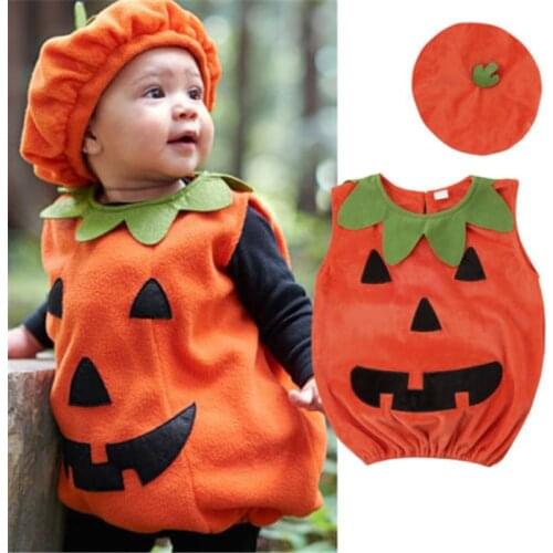 Baby 2 PCS Halloween Costumes Sleeveless Round Neck Back Button Pumpkin Long Loose Top Shirt Elastic Beanie Hat Set