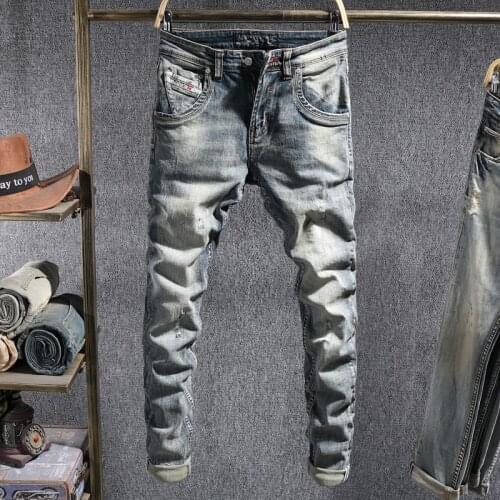 European Vintage Fashion Men Jeans Retro Blue Distressed Washed Elastic Ripped Jeans Men Slim Fit Designer Casual Denim Pants