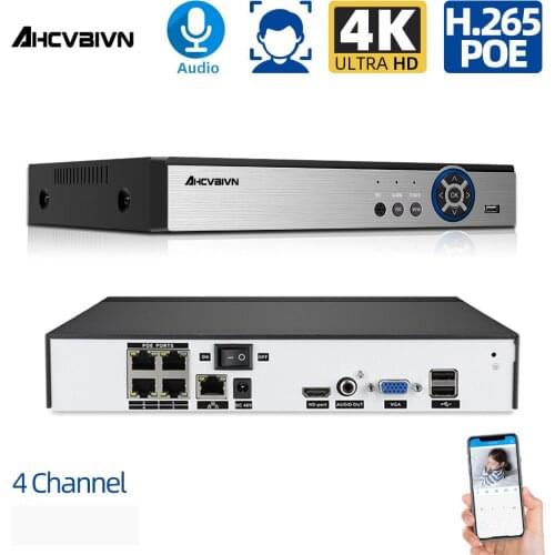 H.265 4 Channel 4K 8MP NVR POE Surveillance Video Recorder Security Camera System CCTV Onvif Face Detection/Record Audio 2 SATA