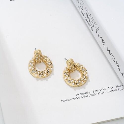 Jaeeyin 2021 New Arrivals Fashion Gold Color White Pearls Hollow Circle Rhinestone Glass Geometric Earrings Gift For Women Girls