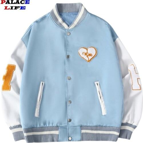 Men Varsity Jacket Heart Patch Flocking College Style Woman Bomber Jacket Harajuku Loose Casual Baseball Coats 2021 Spring