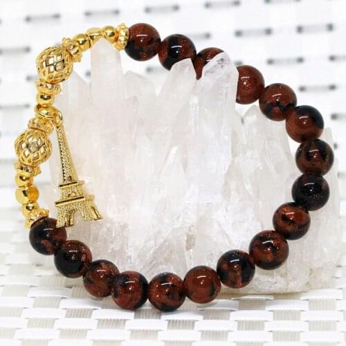 Natural mix-color gold blue sandstone bracelet women 8mm round beads gift lovely Paris Tower accessories jewelry 7.5inch B2055