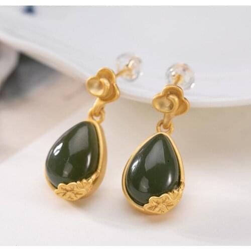 Natural sapphire lotus Earrings S925 pure silver Xiangyun Hetian jade earrings womens fashionable and exquisite water drop Jade