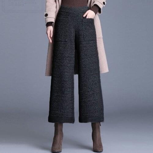 2021 Autumn Winter Women High Waist Woolen Pants Lady Thick Warm Pockets Loose Wide Leg Pants Female Casual Solid Trouser K535