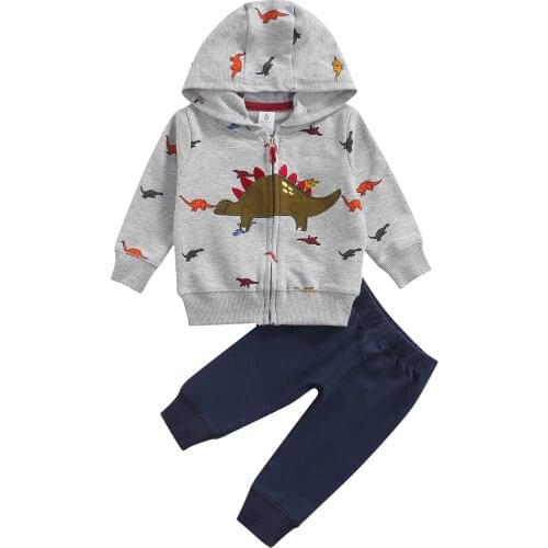 Autumn Toddler Baby Boy Clothes Sets Dinosaur/Stripe Long Sleeve Hooded Coats+Elastic Waist Trousers Boys Outfits for 0-24M