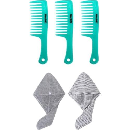 3pcs Wide Tooth Comb + 2pcs Microfiber Hair Towel Wrap Striped + Gypsophila