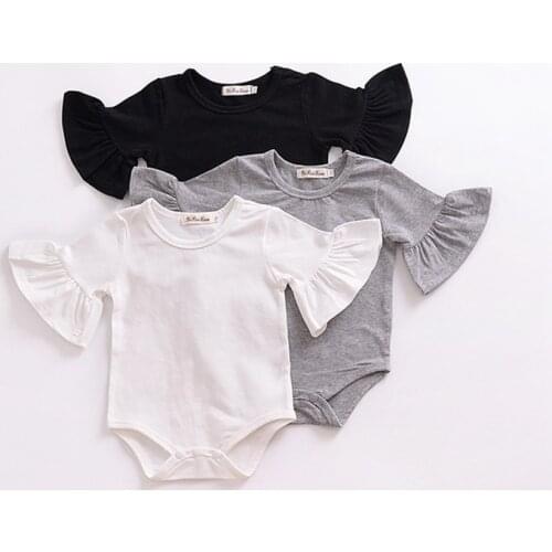 0-24M Newborn Baby Girl Flare Sleeve Solid Black White Grey Casual Romper Jumpsuit Outfits Baby Clothes Summer kids Suit