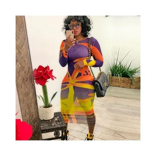 RMSFE 2021 New Design Fashionable And Sexy Nightclub Party Street Long Sleeve Round Collar Personality Print Gauze Long Dress