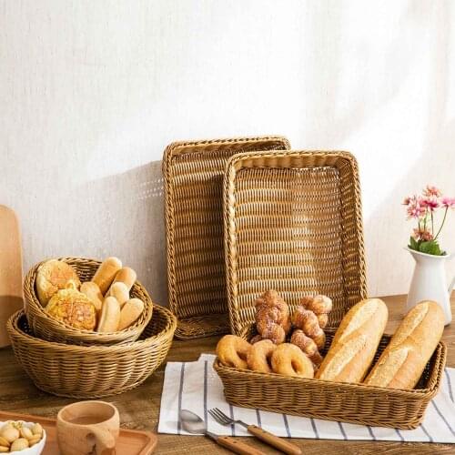 Rattan Weaving Storage Basket Plastic Rectangle Round Basket Kitchen Bread Holder Fruit Vegetable Container Snack Food Organizer