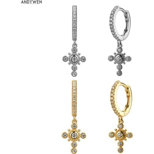 ANDYWEN 925 Sterling Silver Gold Crystal Zircon CZ Circle Drop Earring Cross Pendiente Piercing No Clips Women Luxury Jewelry