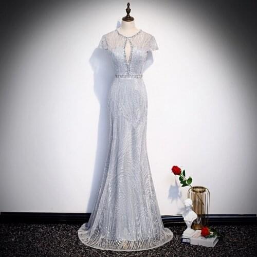 Sexy Silver Prom Dresses O-Neck Mermaid Floor-length Short Sleeves Beads Sequins Crystal Wedding Banquet Formal Party Prom Gowns