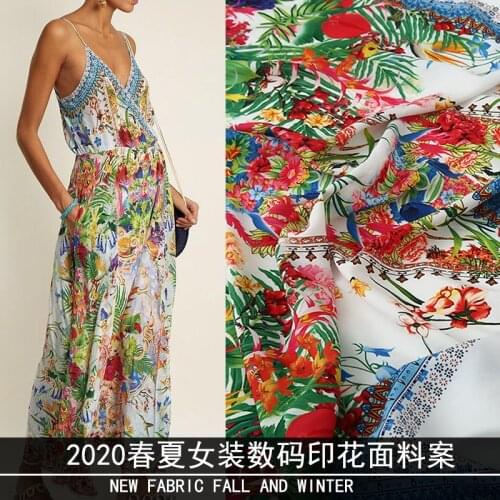 145x148cm Fashion Week Plant Flower Printed Charmeuse Imitate Double Crepe Fabric For Woman Summer Dress DIY Sewing