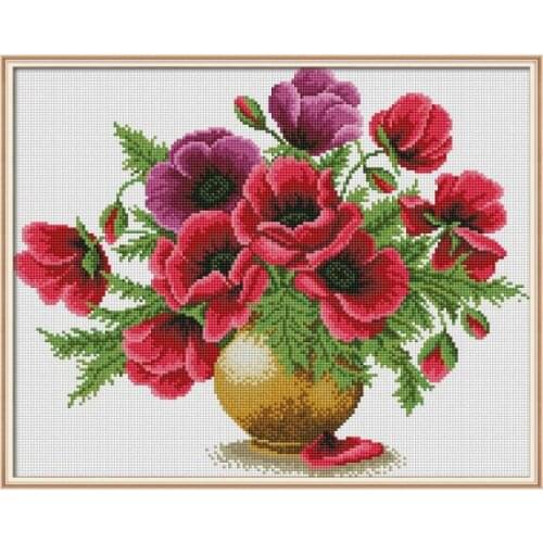Poppy Flower Vase 5D DIY Cross Stitch Diamond Painting Full Square Mosaic Diamond Embroidery Icons Rhinestone Picture Home Decor
