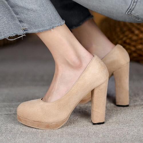 Ochanmeb Sexy Black Gray Nude Chunky High Heels Pumps Women Round Toe Platform Party Wedding Bridal Shoes Spring Summer Size 45