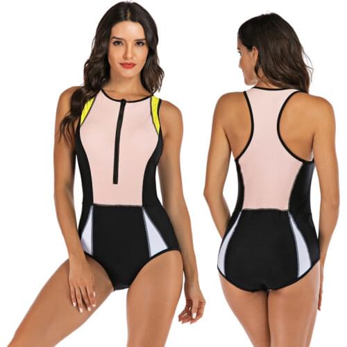 Womens UV Protection Surfing Swimsuit Swimwear Bathing Suits Wireless Zip up Front Color Block Rash Guards