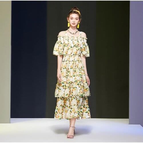 Seifrmann Women Summer Fashion Designer Midi Dress Sexy Spaghetti Strap Cascading Ruffle Floral Print Female A-Line Dresses 2021