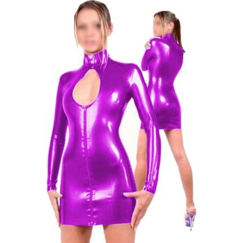 Plus Size Ladies Button Neck Zipper Dress Keyhole PVC Long Sleeve Mini Dress Sexy Party Clubwear Latex Novelty Pencil Vestido