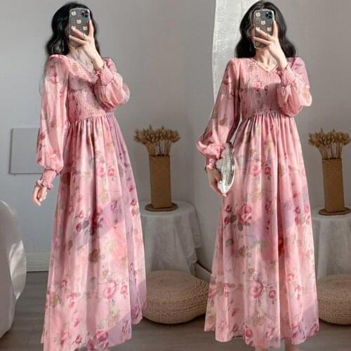 Spring New Pink Flower Smock Chiffon Empire Dress Women Romantic V-neck Long SLeeve Calf Length One Piece Holiday Dress s700