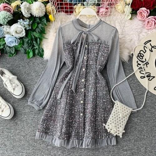 Autumn Fashion Long Sleeve Mini Dress Women Tweed Patchwork Mesh Ruffles Elegant Vintage Korean Slim Plaid Woolen Dress Vestidos