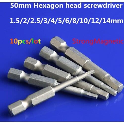 10pcs/lot 50mm long 1.5-14mm Hexagon Wind Bit With magnetic Electric Pneumatic screwdriver screwdriver Free shipping