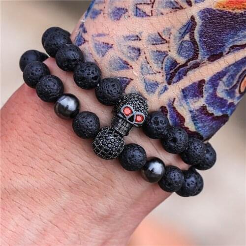 2 Pcs/ Set Luxury Micro Pave Zircon Skull Bracelet Men Accessories Natural Lava Stone Beads Bracelet Male Fashion Jewelry ZJ-02