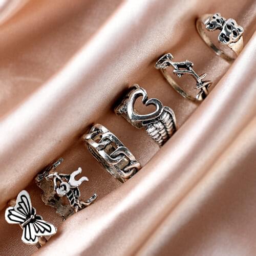 6pcs Vintage Heart Butterfly Hollow Rings Set Alloy Tibetan Silver Chain Ring Weekly Date Jewelry Gift Gothic Punk Women Rings