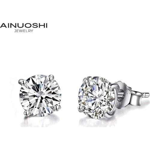 AINUOSHI Round Cut 2mm 4mm 6mm SONA Diamond Four Prong Classic Stud Earrings For Women 925 Silver Exquisite Jewelry Gift