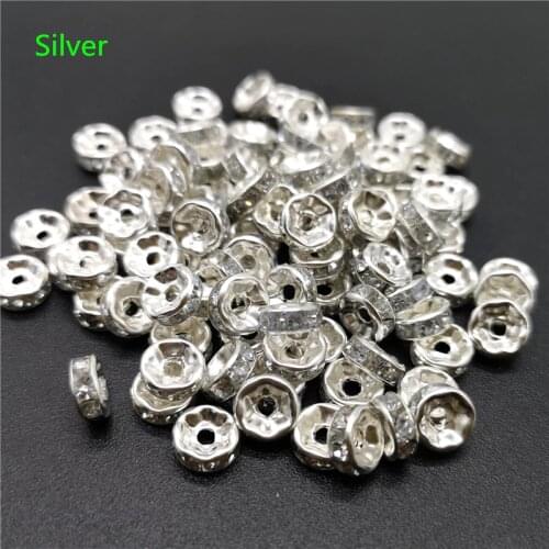 5/8/10mm 50pcs White Rhinestone Rondelles Loose Spacer Beads Metal Crystal Beads for Jewelry Making DIY Accessories