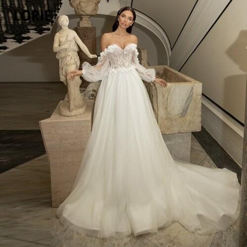 LORIE Glitter Wedding Dresses Boho Sweetheart Appliques Lace Off the Shoulder Puff Sleeves Wedding Bridal Gown suknia slubna