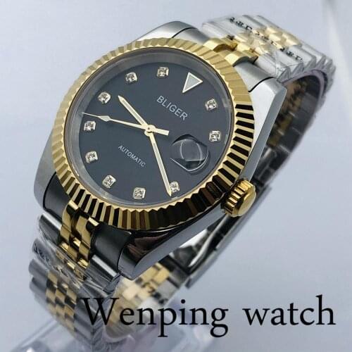 Bliger 40mm New Mens Top Luxury Casual Watch Silver Gold Case Sapphire Glass Black Dial Date Waterproof Mens Automatic Watch