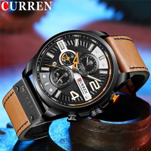 CURREN Chronograph Man WristWatch Calendar Sport Men Watch Military Top Brand Luxury Brown Genuine Leather Male Clock Gift 8393