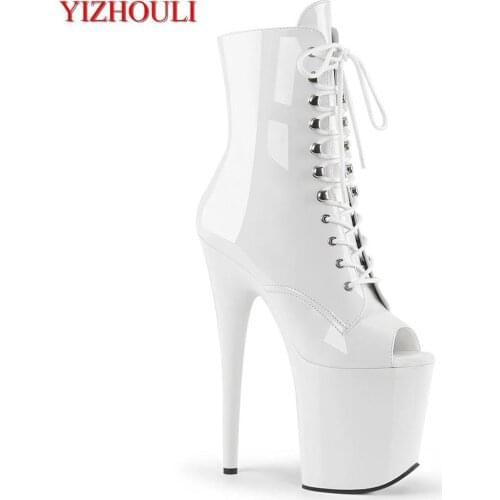 Black paint 20 cm high pole dancing shoes, banquet stage show boots, fish mouth zipper, ankle boots